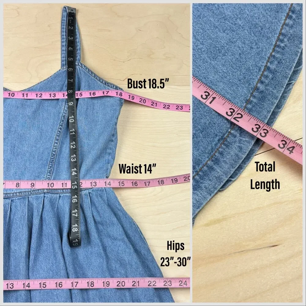 Vintage 1990s Denim Sweetheart Button Back Mini Skater Dress - Picture 6 of 7